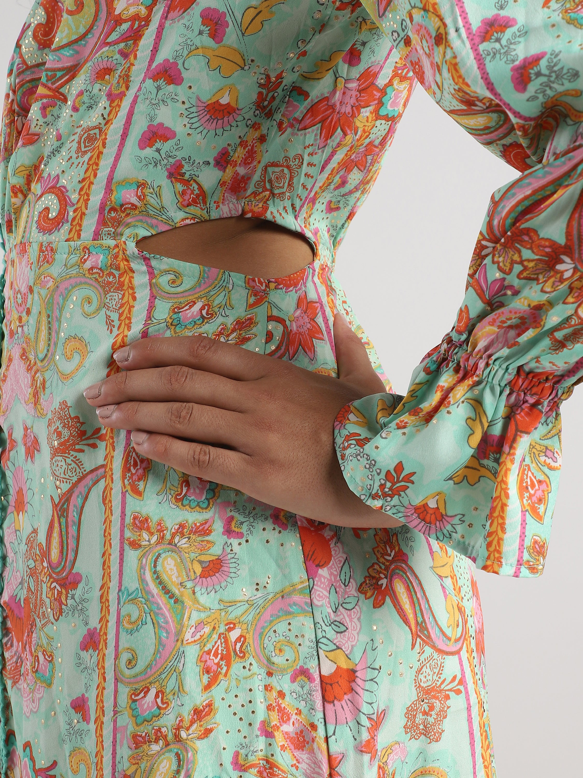 Women Pistachio Green Printed Fit & Flare dress with waist cut out