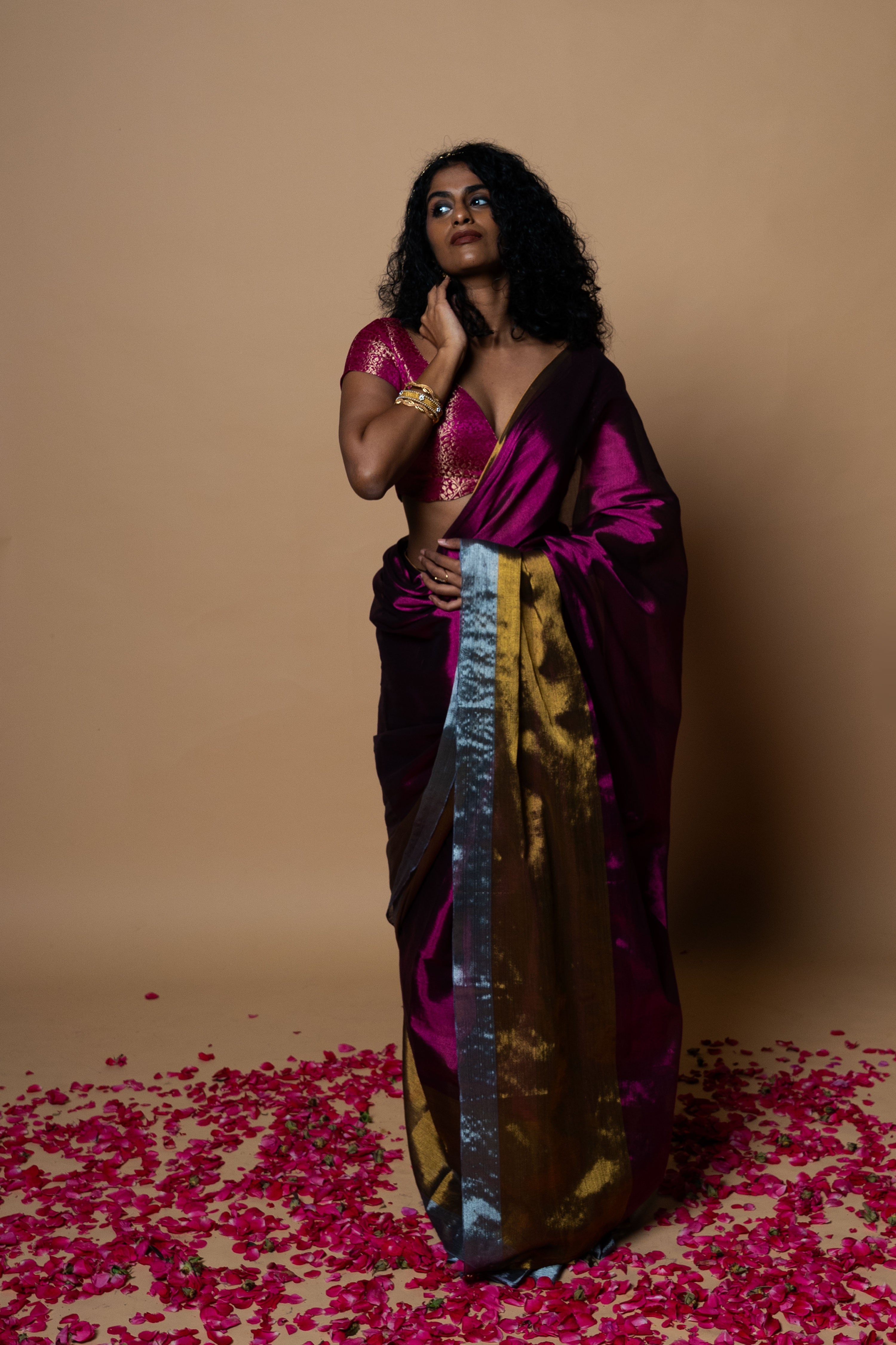 PRATYA I Purple Handwoven Tissue saree with Gold and silver striped border