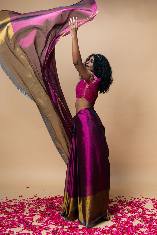 PRATYA I Purple Handwoven Tissue saree with Gold and silver striped border