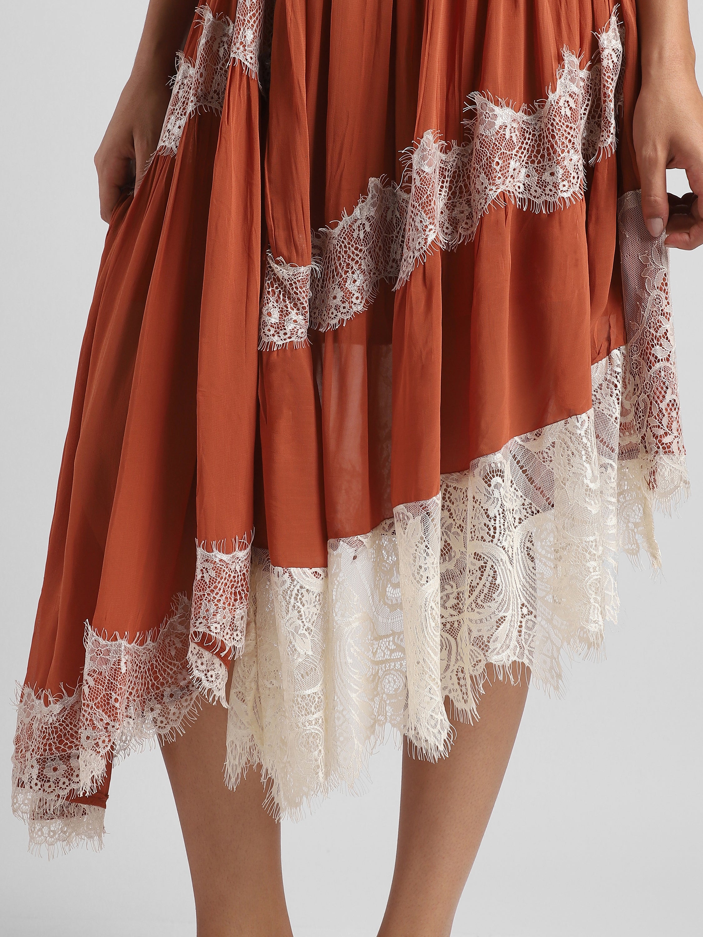 Women Brown high low hem dress with lace inserts