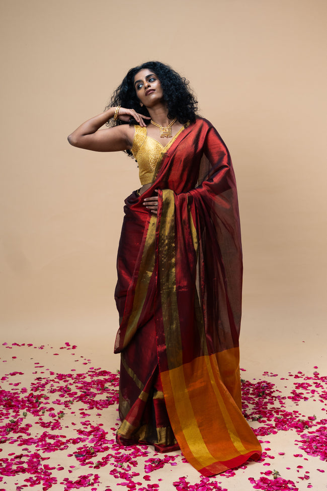 AGNIRA I Red Handwoven Tissue Saree with Golden Striped Border