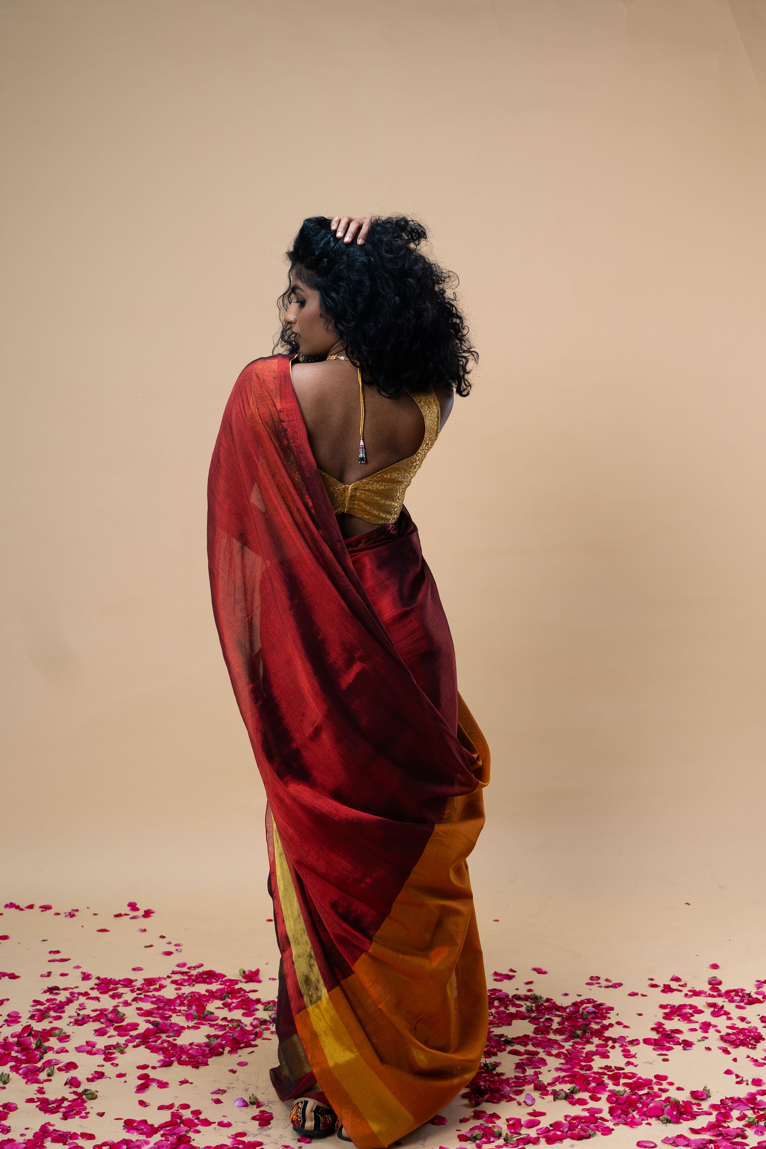 AGNIRA I Red Handwoven Tissue Saree with Golden Striped Border