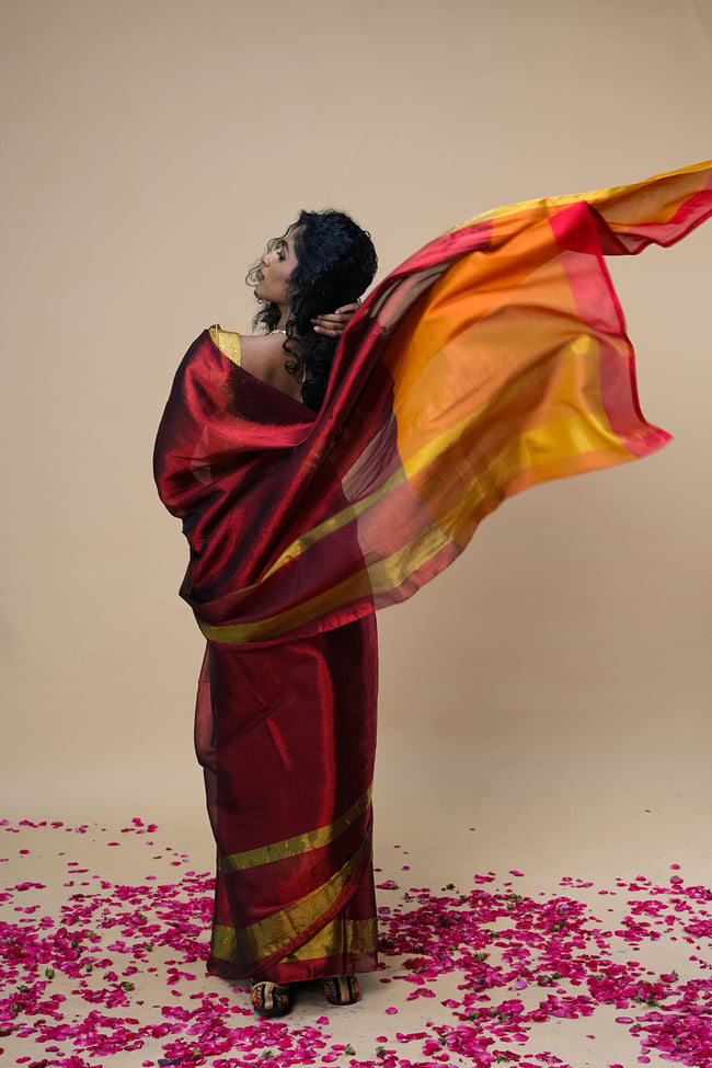 AGNIRA I Red Handwoven Tissue Saree with Golden Striped Border