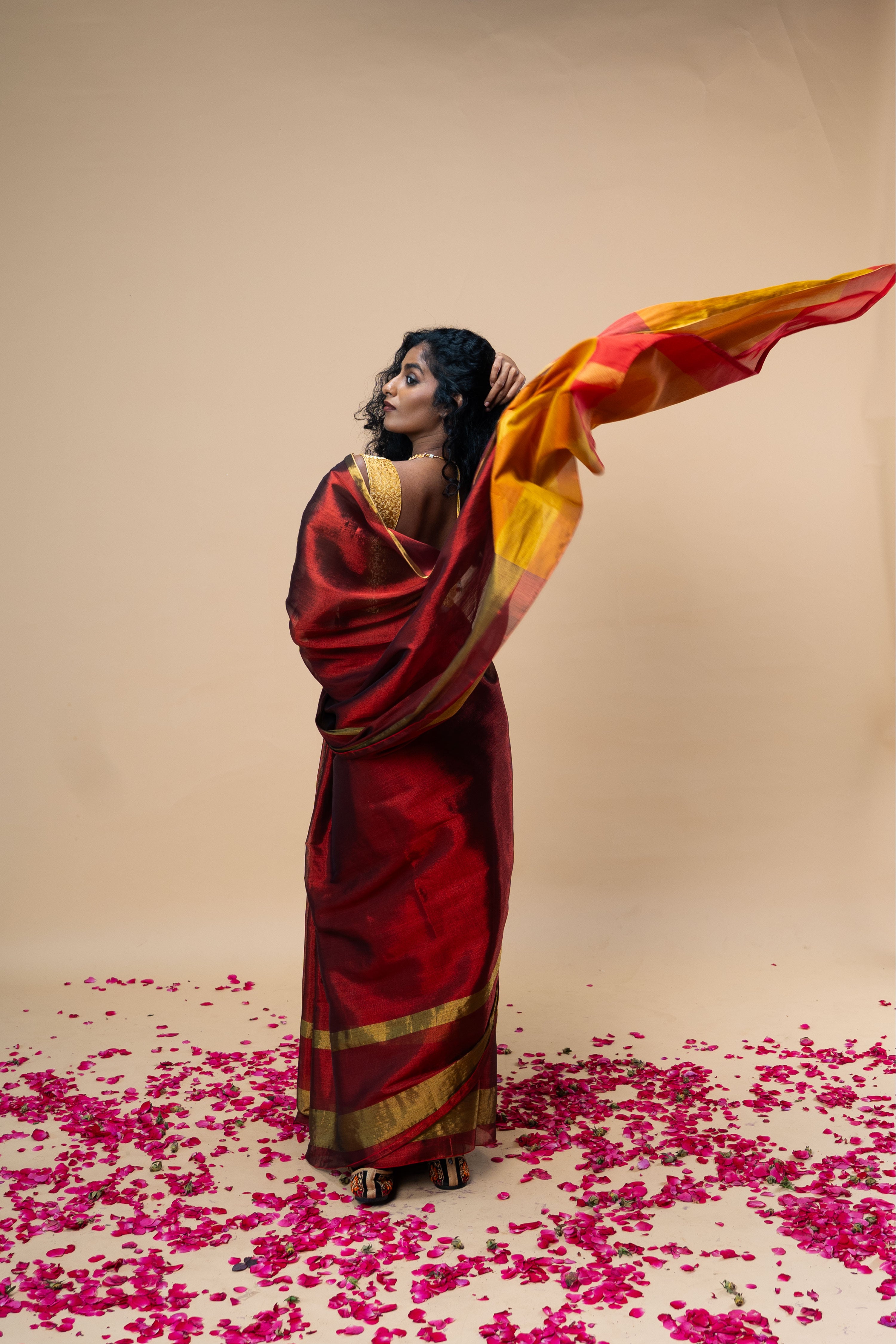 AGNIRA I Red Handwoven Tissue Saree with Golden Striped Border