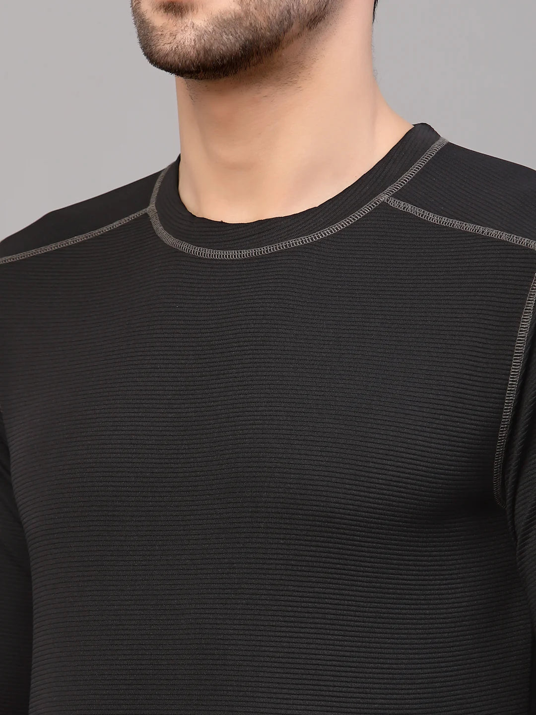 Men Black Poly Corduroy Round Neck TShirt