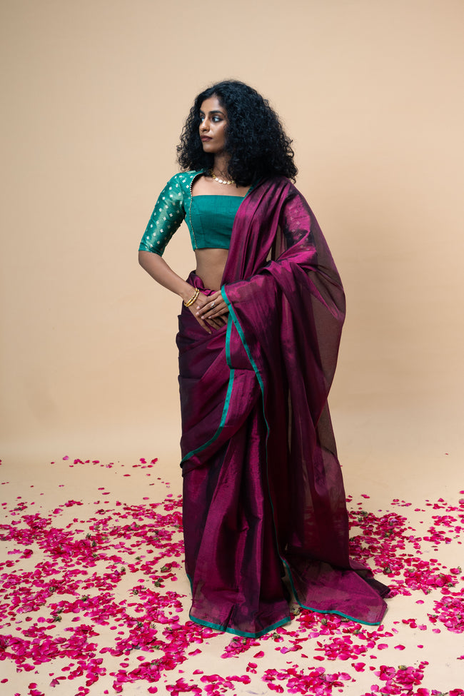 DIVIJA I Dark Pink handwoven tissue saree with green border
