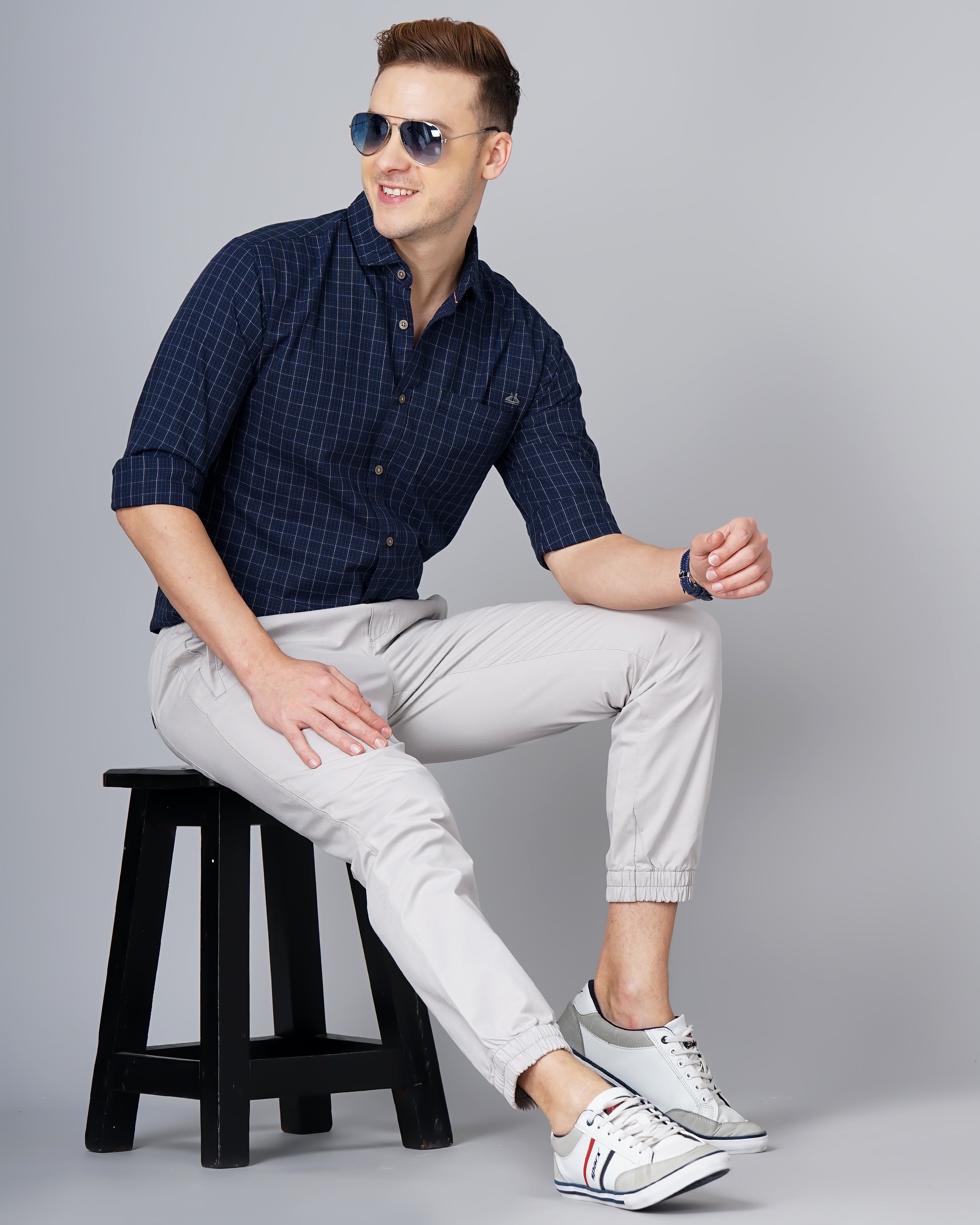Men Blue Cotton Slim Shirt