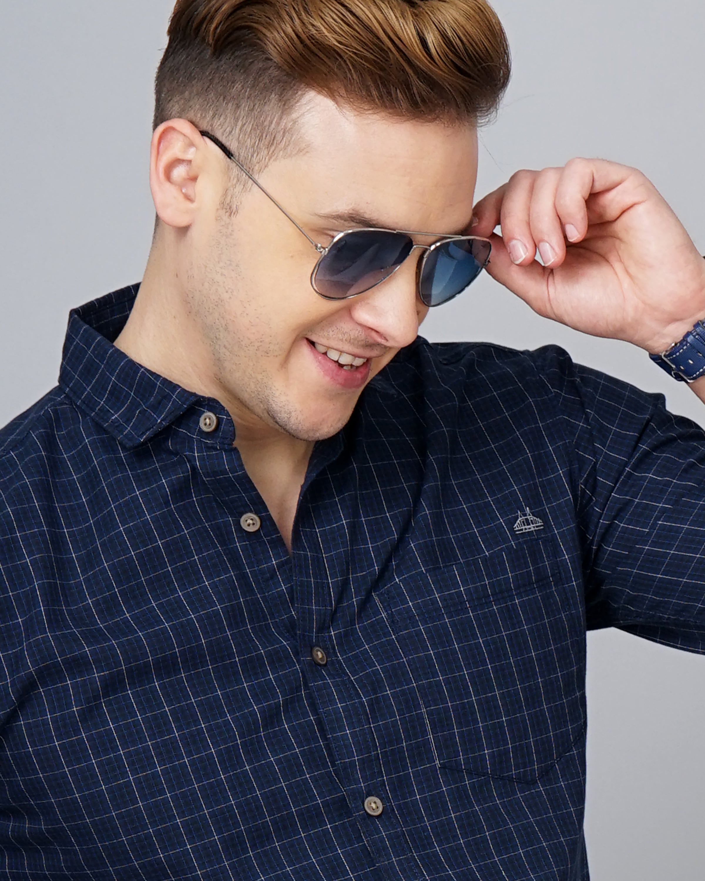 Men Blue Cotton Slim Shirt