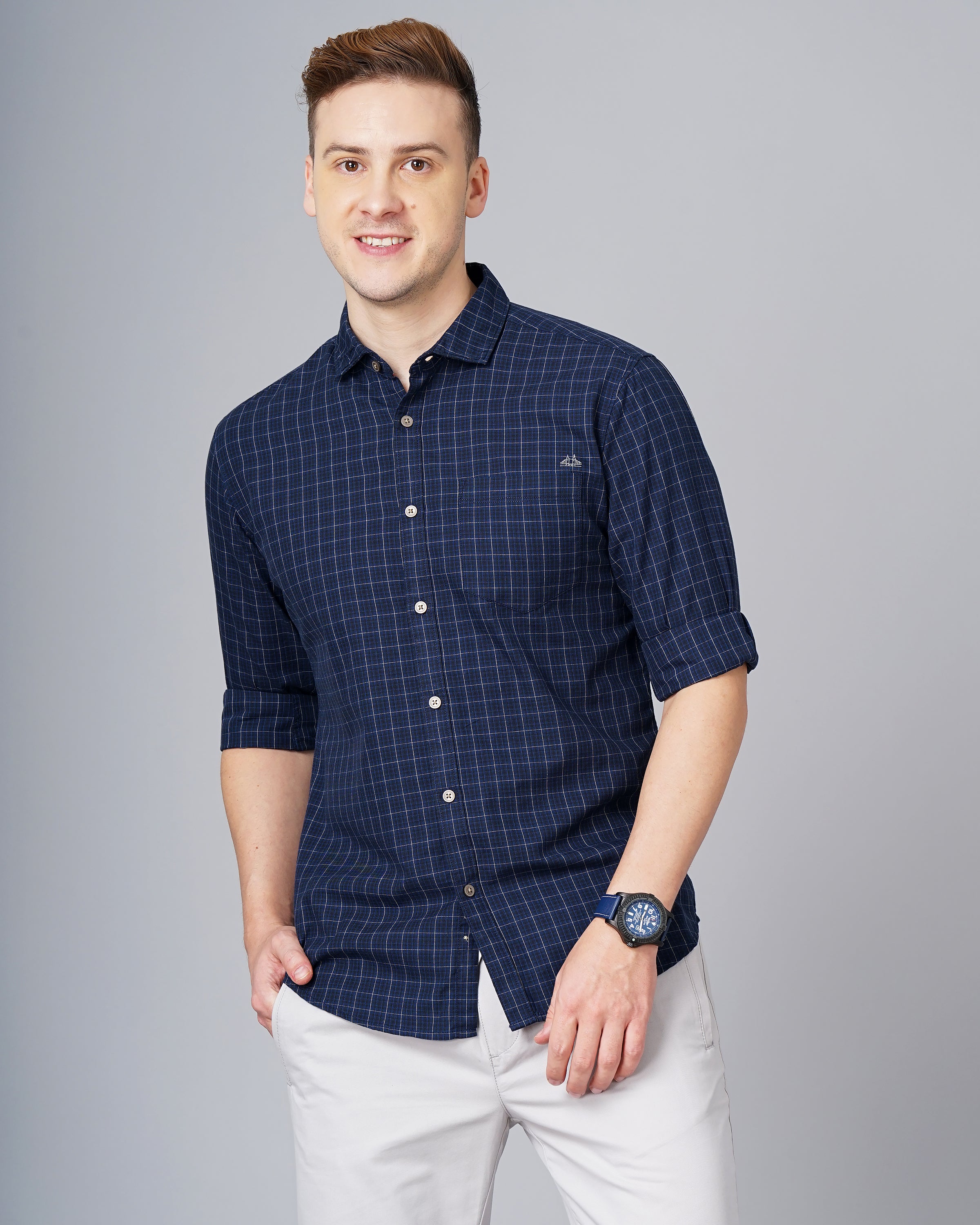 Men Blue Cotton Slim Shirt