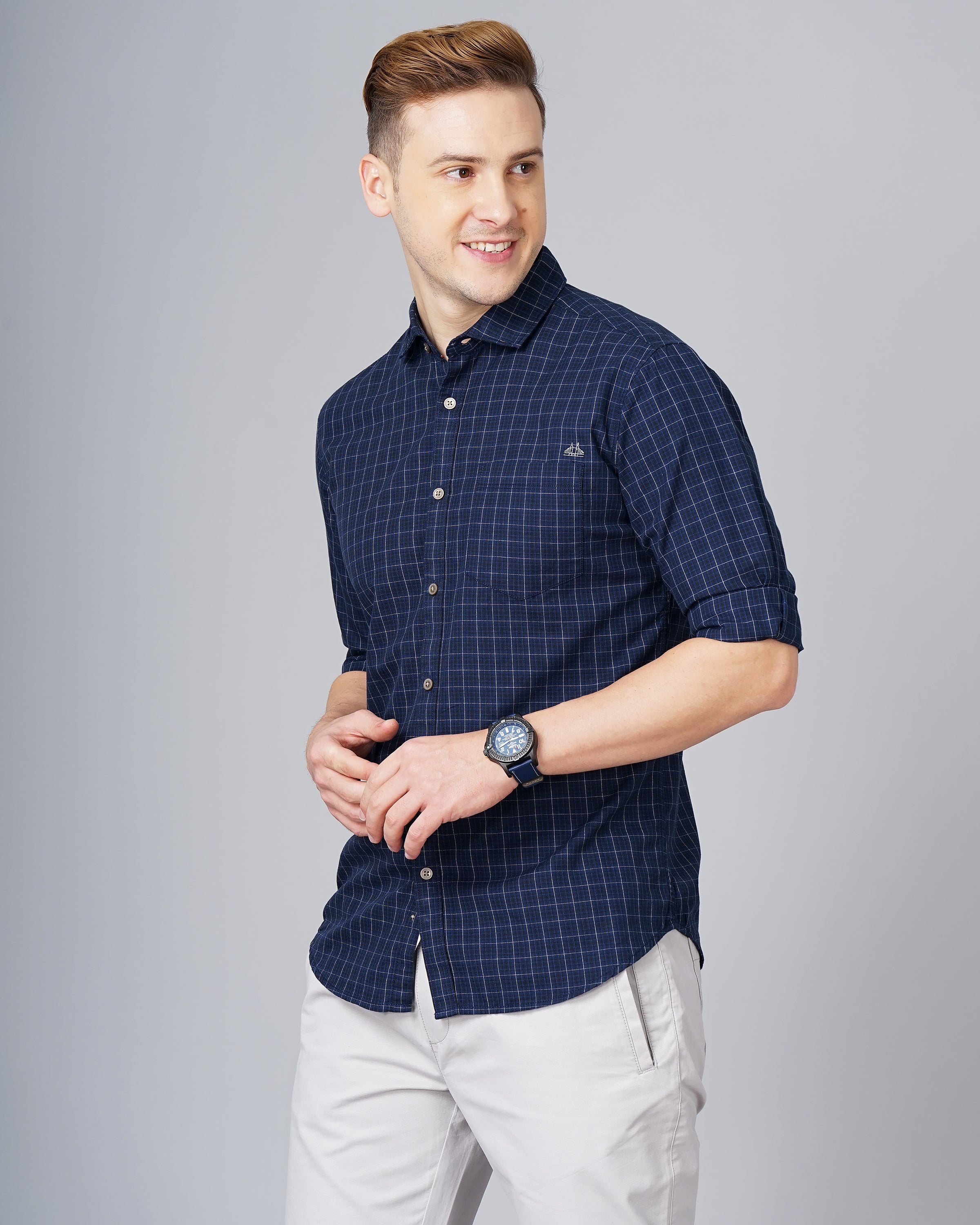 Men Blue Cotton Slim Shirt