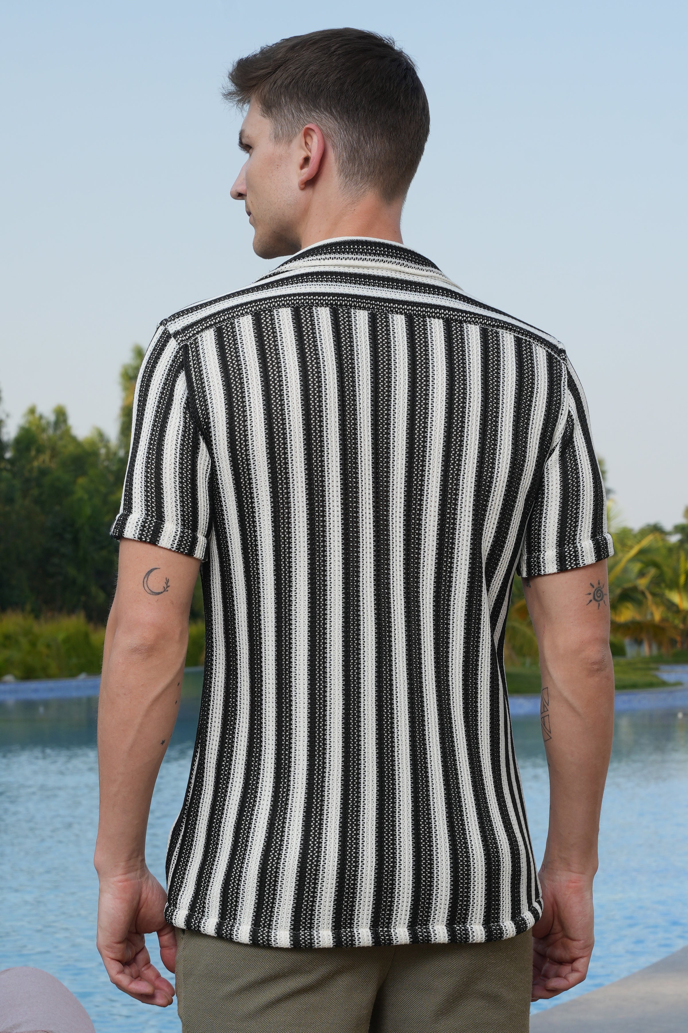 Men Allura Striped Crochet Shirt Black
