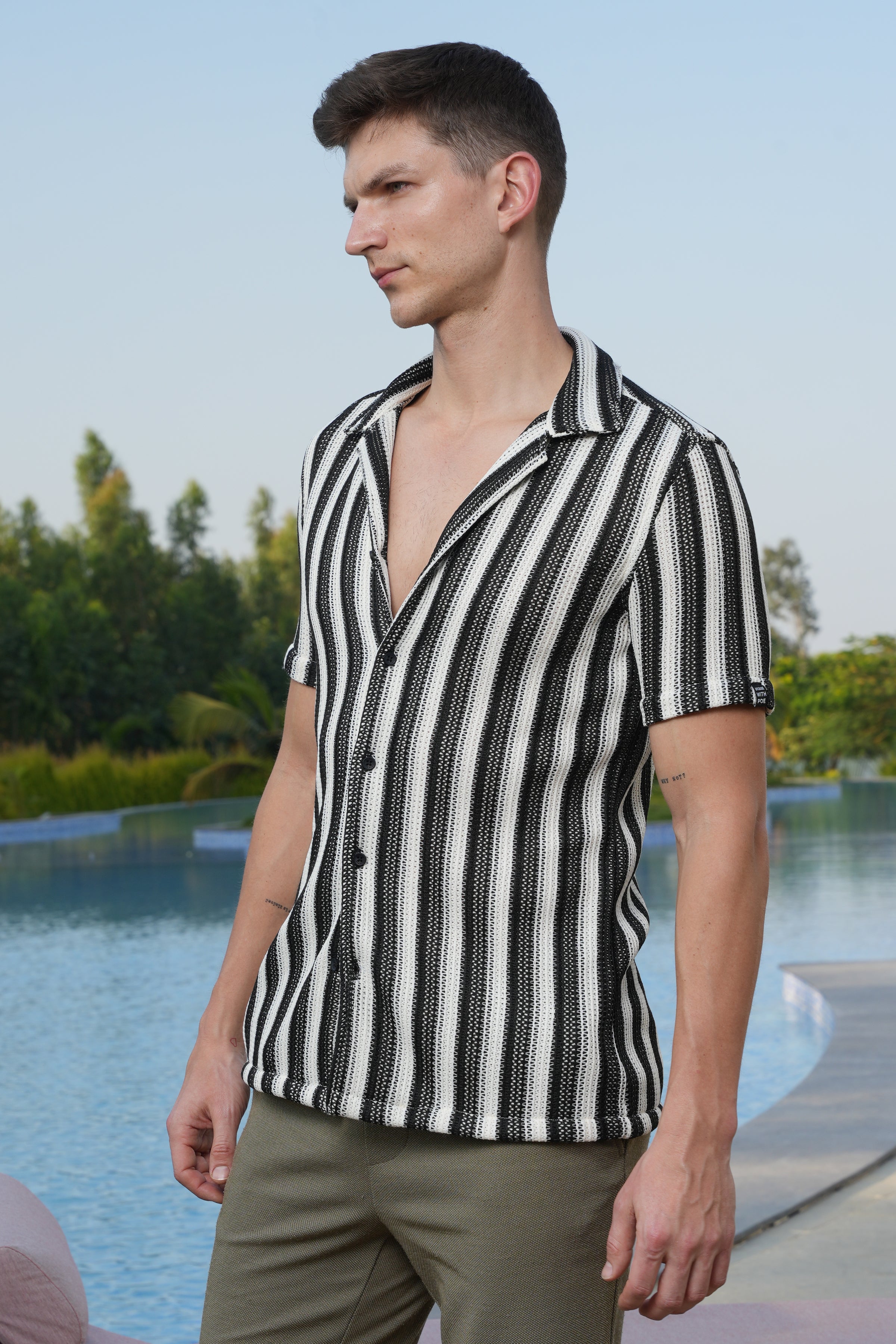 Men Allura Striped Crochet Shirt Black