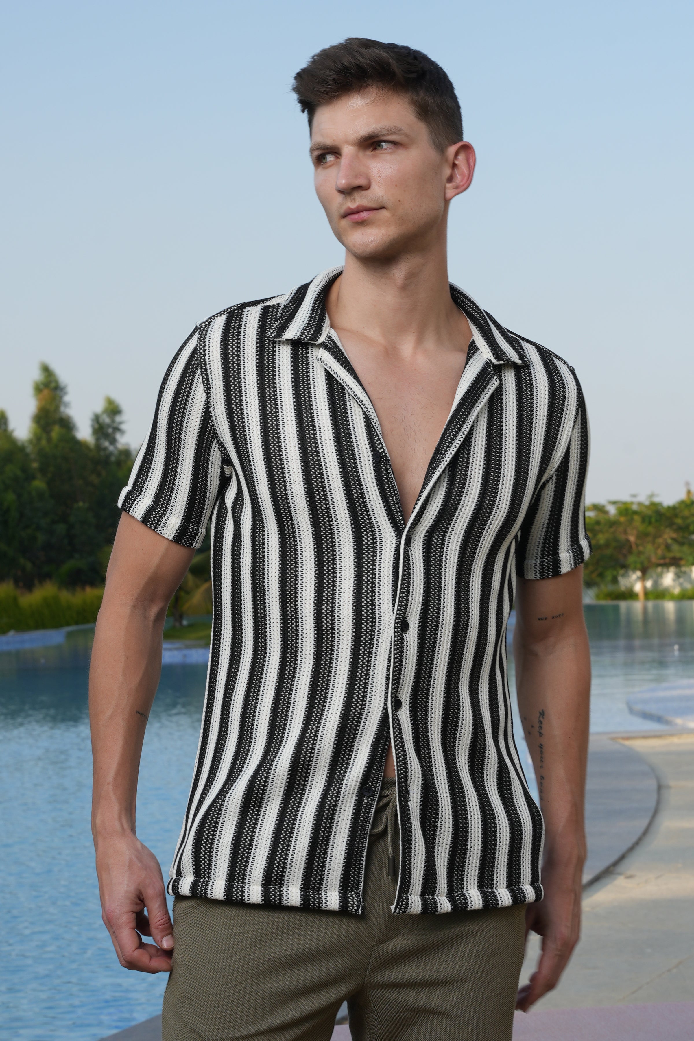 Men Allura Striped Crochet Shirt Black