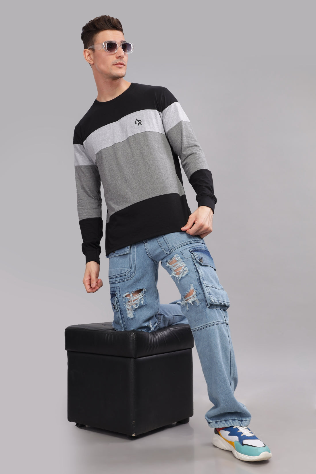 Men Multicolor Colorblock Full Sleeve T-Shirt
