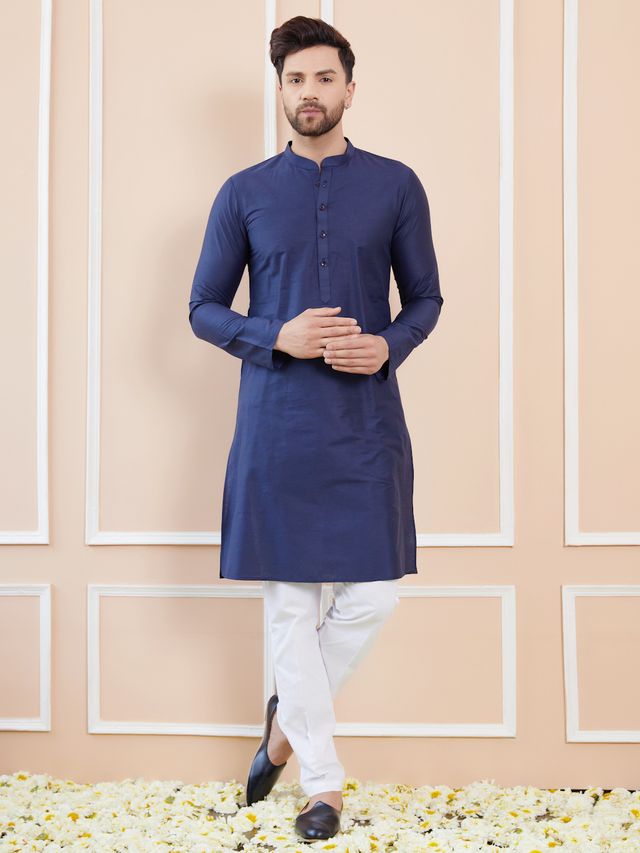 Men Blue Cotton Solid Straight Kurta