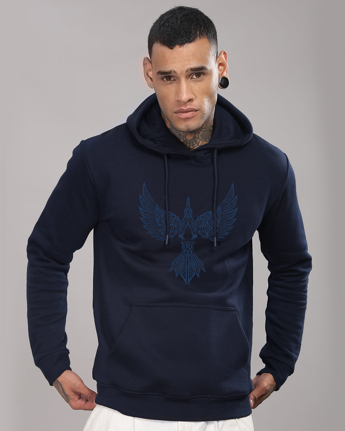 Men Navy Blue Printed Hoodie