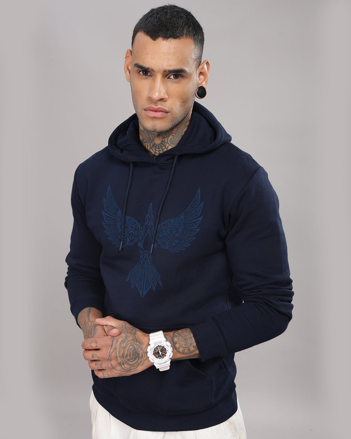 Men Navy Blue Printed Hoodie