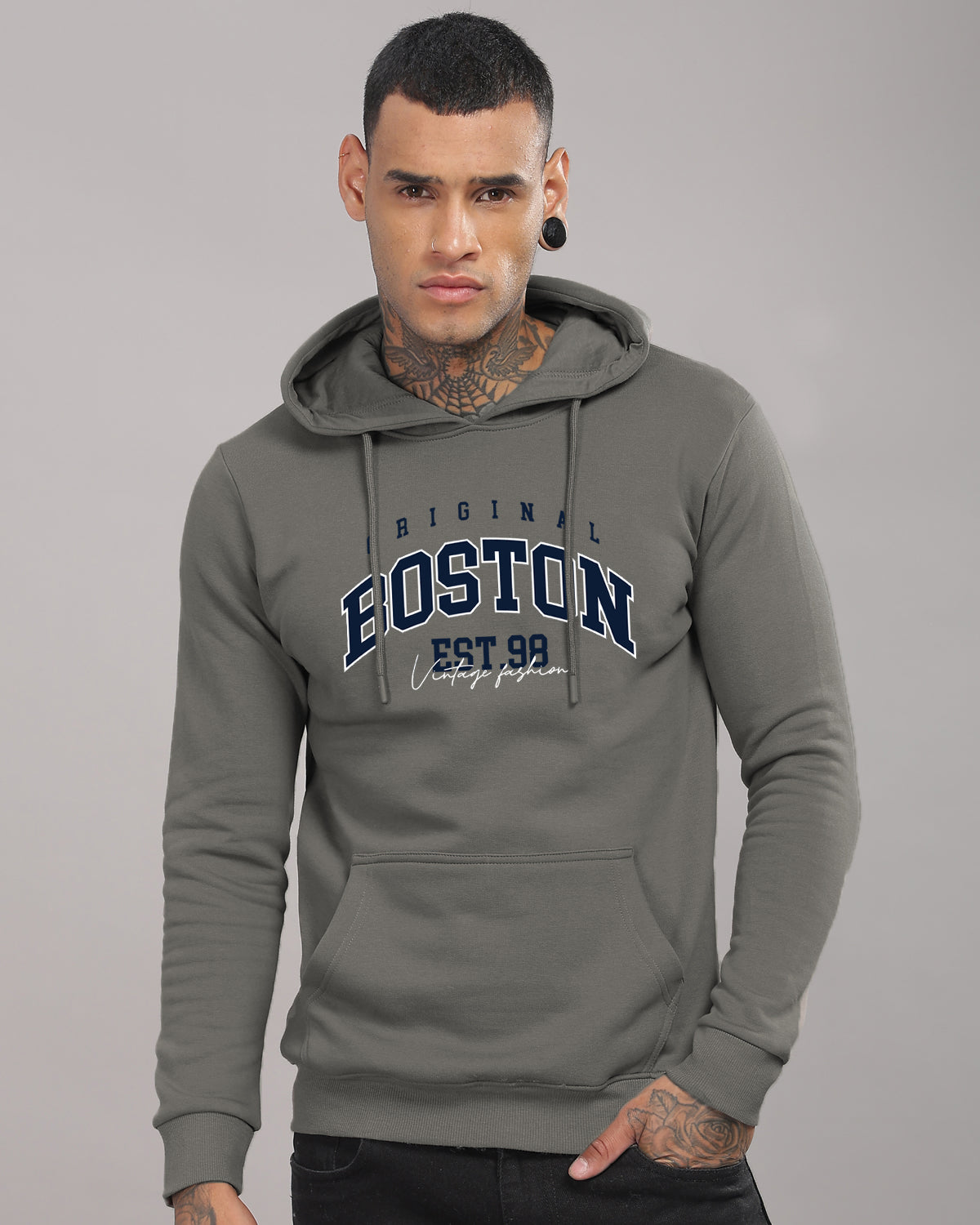Men Grey Printed Hoodie