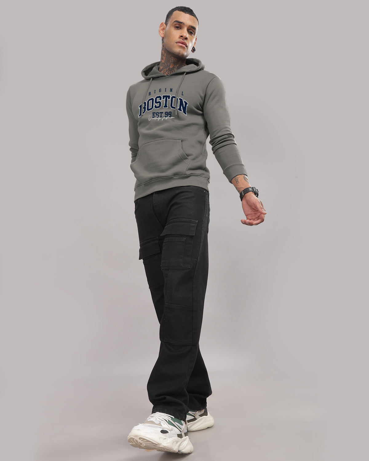 Men Grey Printed Hoodie