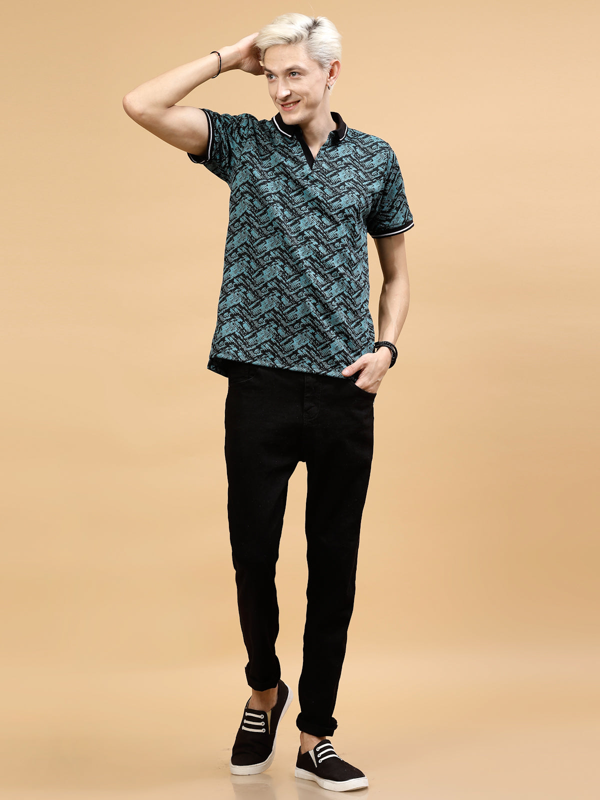 Men Abstract Jacquard Polo Highlow T-Shirt