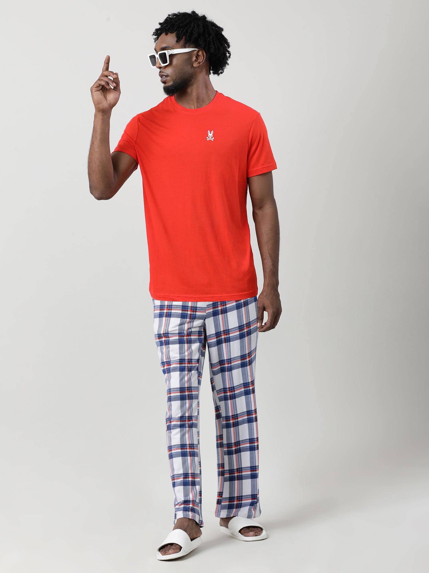 Men Oversized White Cotton Checkered Knit Lounge Pants