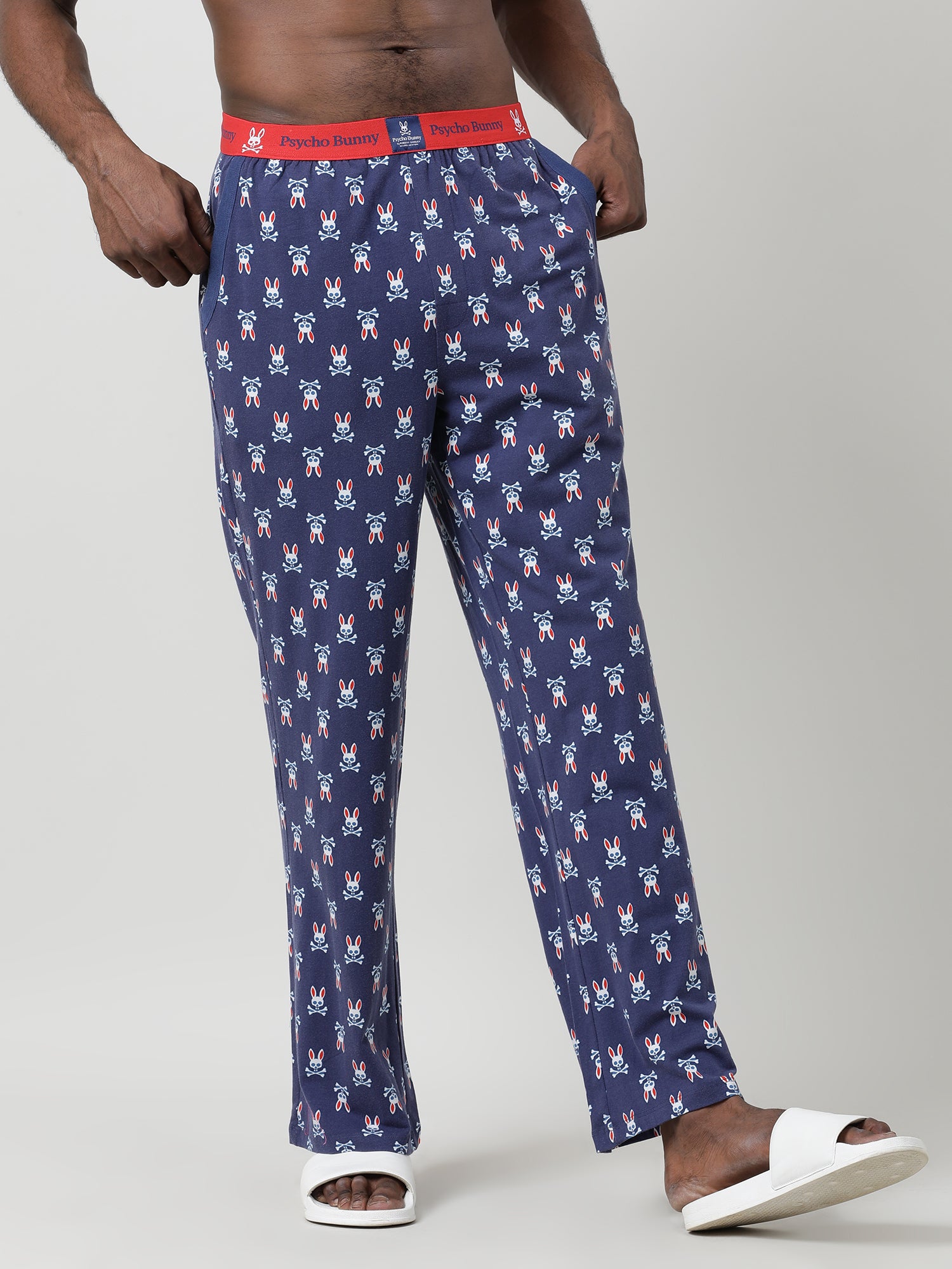 Men Oversized Navy Cotton Checkered Knit Lounge Pants