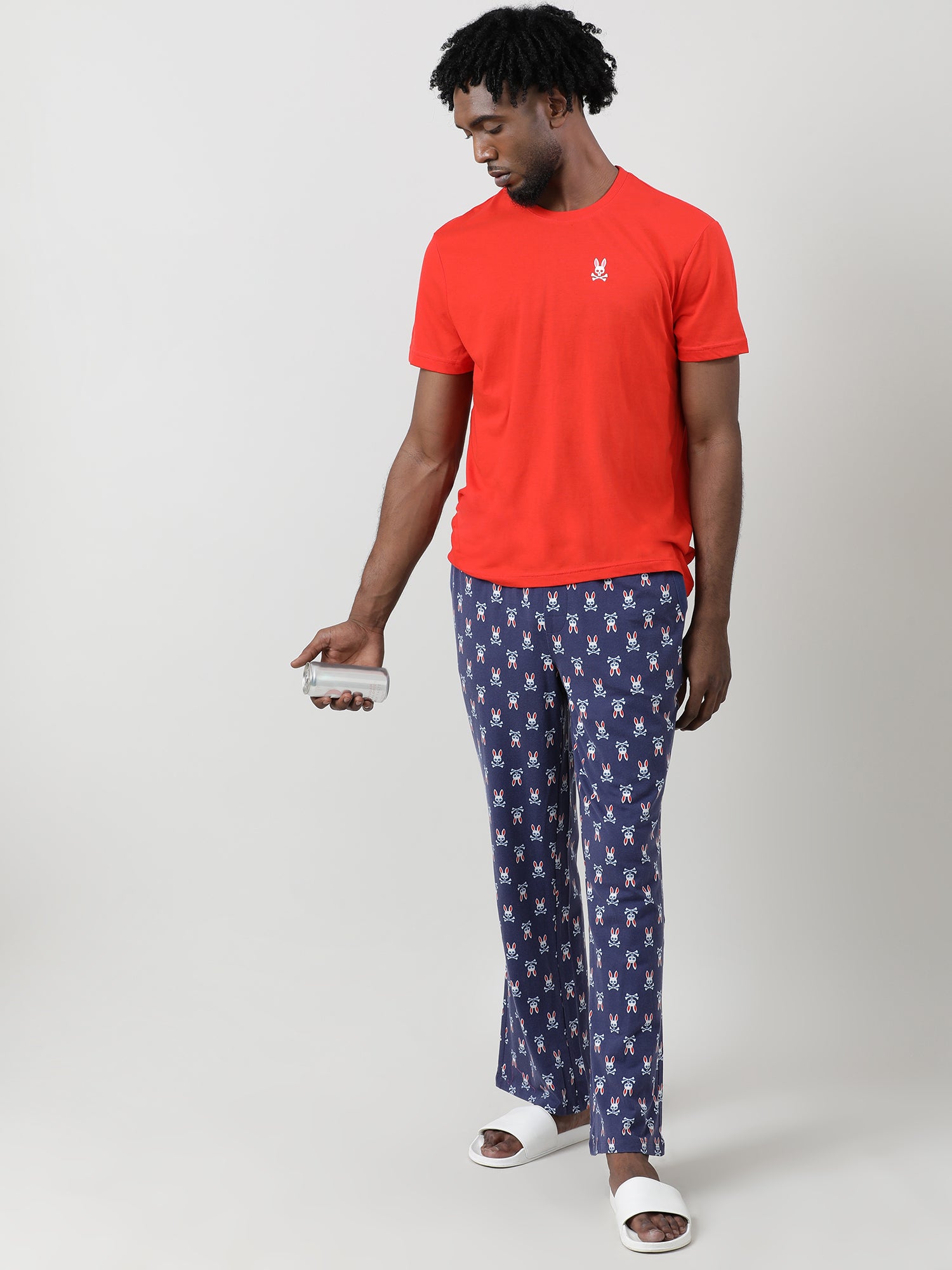 Men Oversized Navy Cotton Checkered Knit Lounge Pants