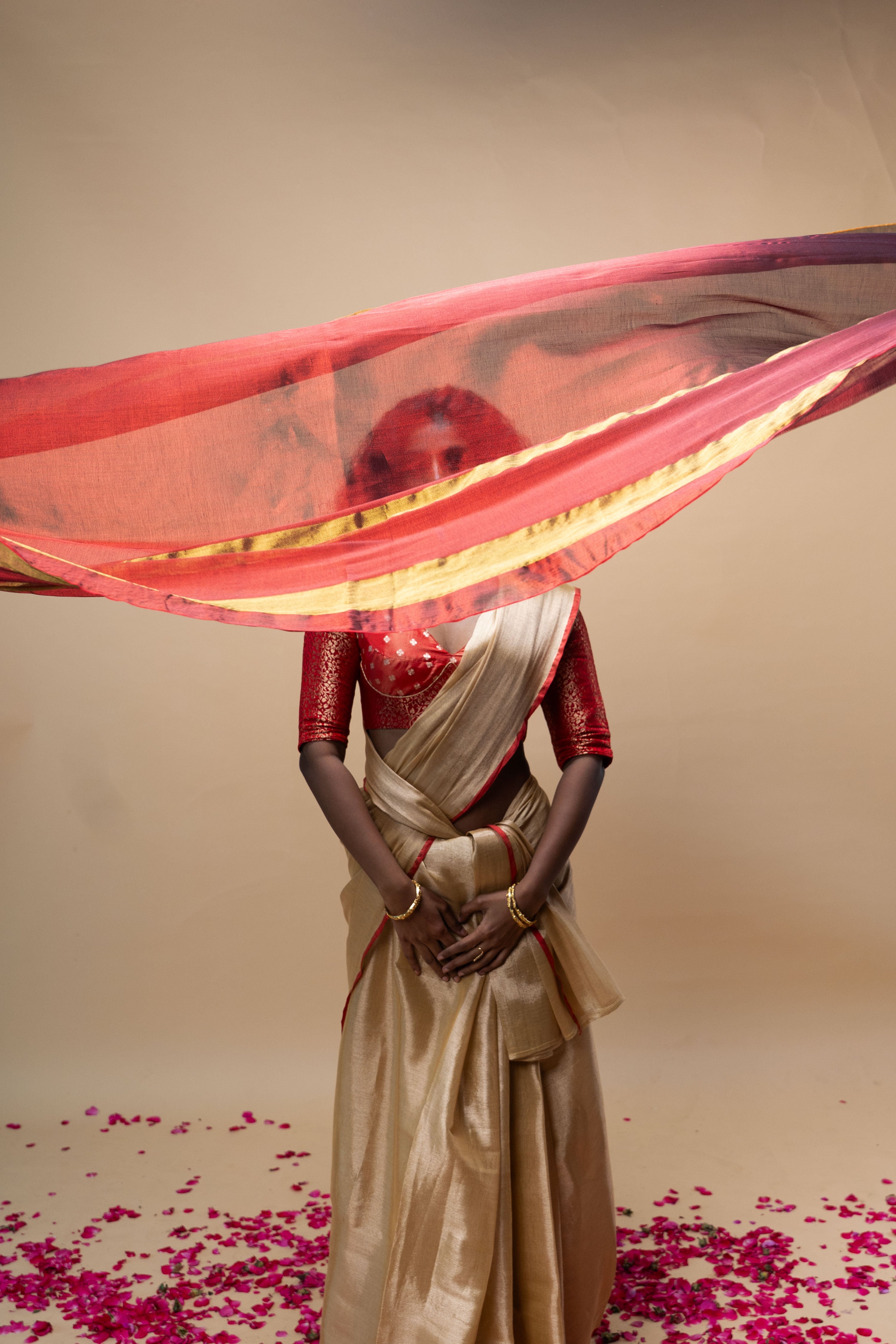 MRIGVI I Rose Gold handwoven tissue saree with red border