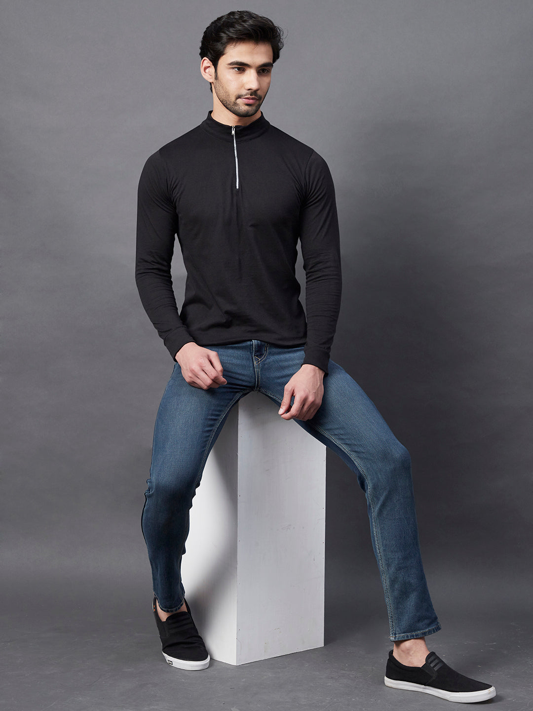Men Black Zip Neck Full Sleeve Cotton Fabric T-Shirt