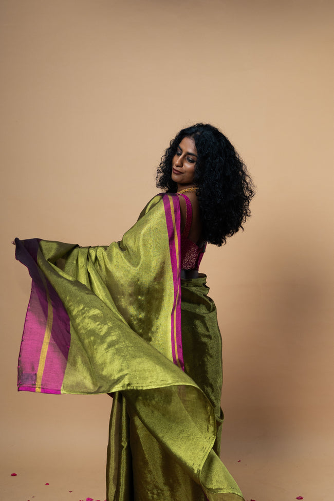 MUDRAYA I Lime Green Handwoven Tissue saree with pink and gold striped border