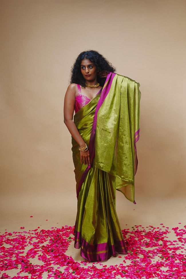 MUDRAYA I Lime Green Handwoven Tissue saree with pink and gold striped border