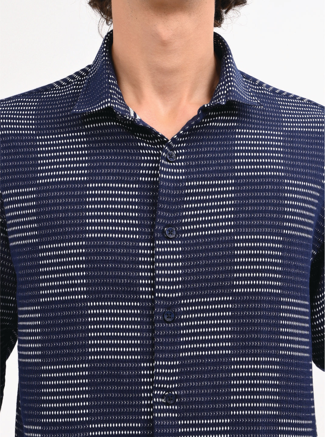 Men Navy Blue Self Jacquard Shirt