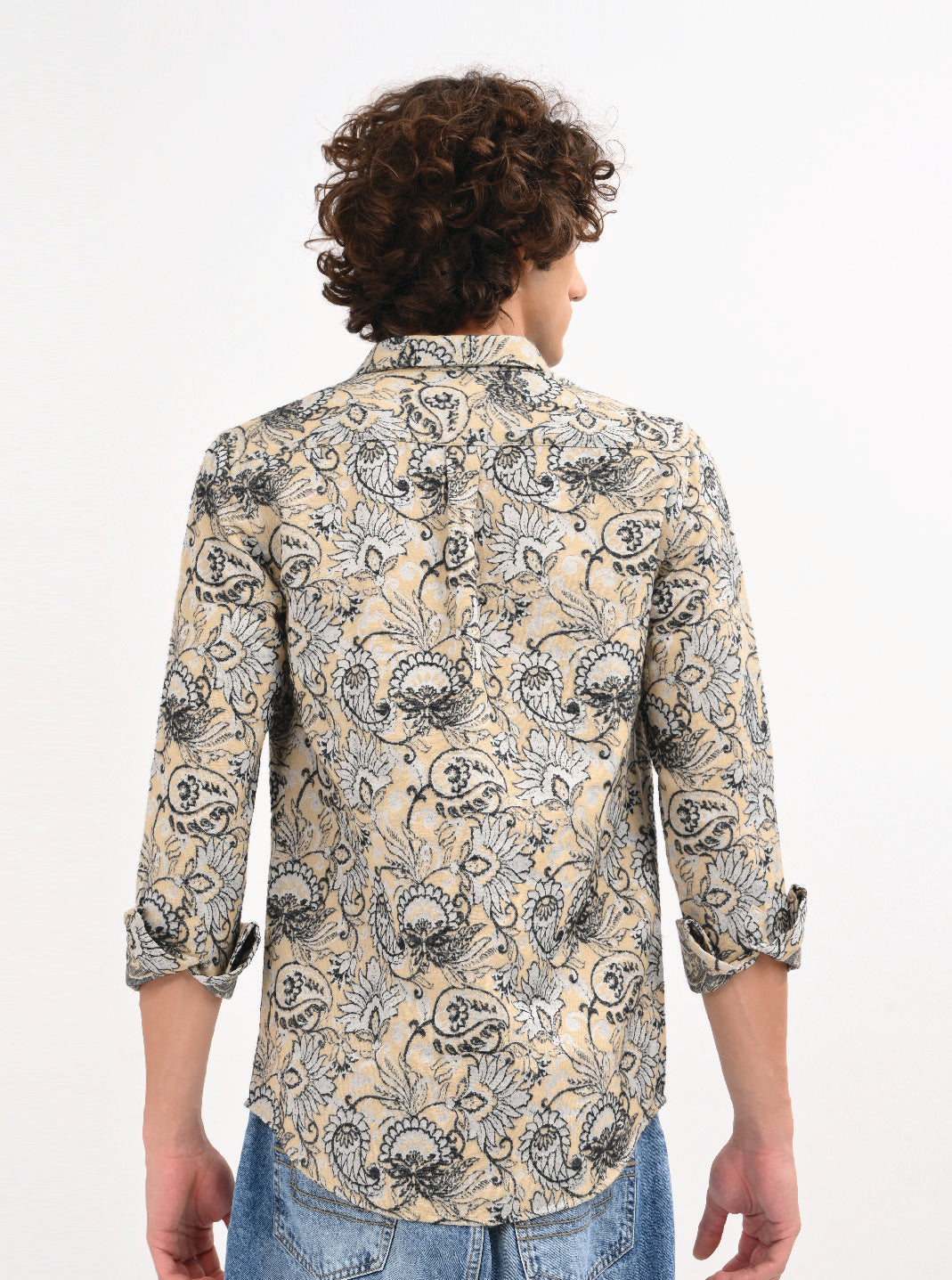 Men Cream Self Jacquard Shirt