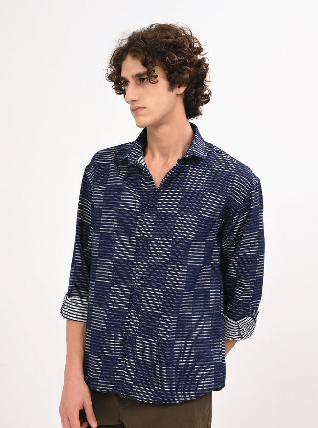 Men Navy Blue Self Jacquard Shirt