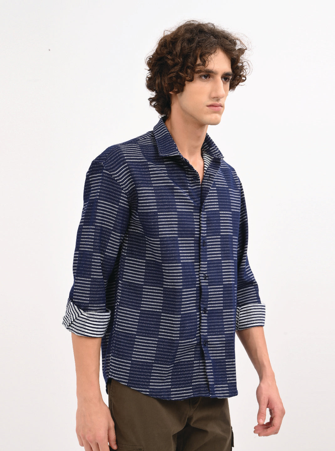 Men Navy Blue Self Jacquard Shirt