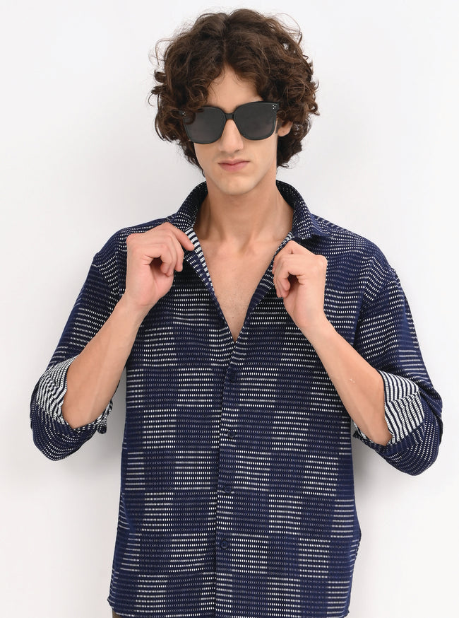 Men Navy Blue Self Jacquard Shirt