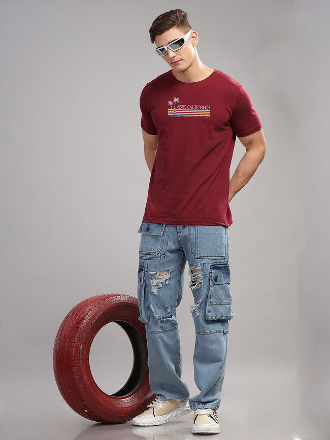 Men Maroon Round Neck T Shirt