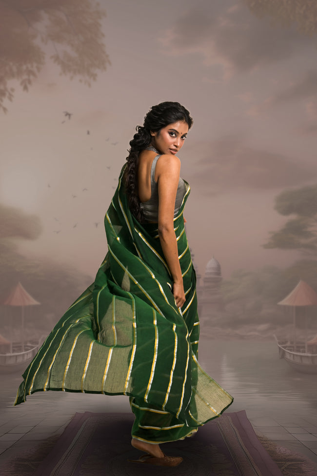 Raagvi Green Handloom Mul Cotton Saree with Zari Stripes