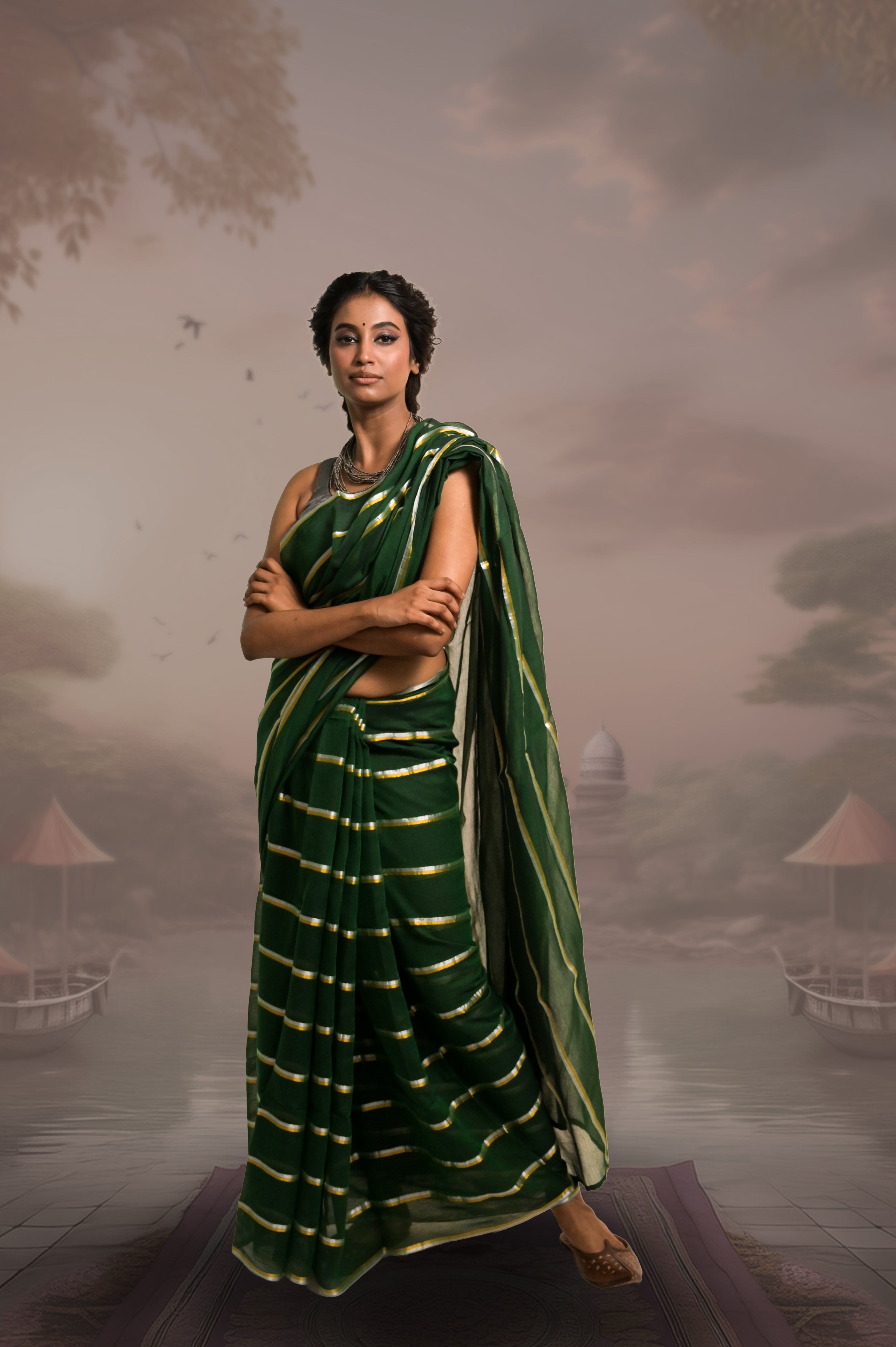 Raagvi Green Handloom Mul Cotton Saree with Zari Stripes