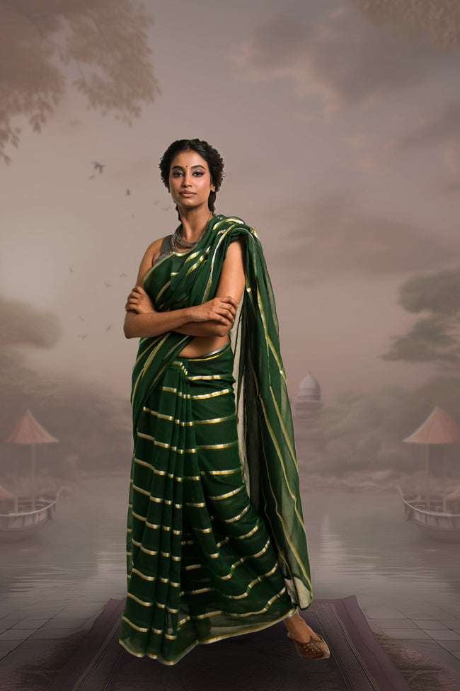 Raagvi Green Handloom Mul Cotton Saree with Zari Stripes