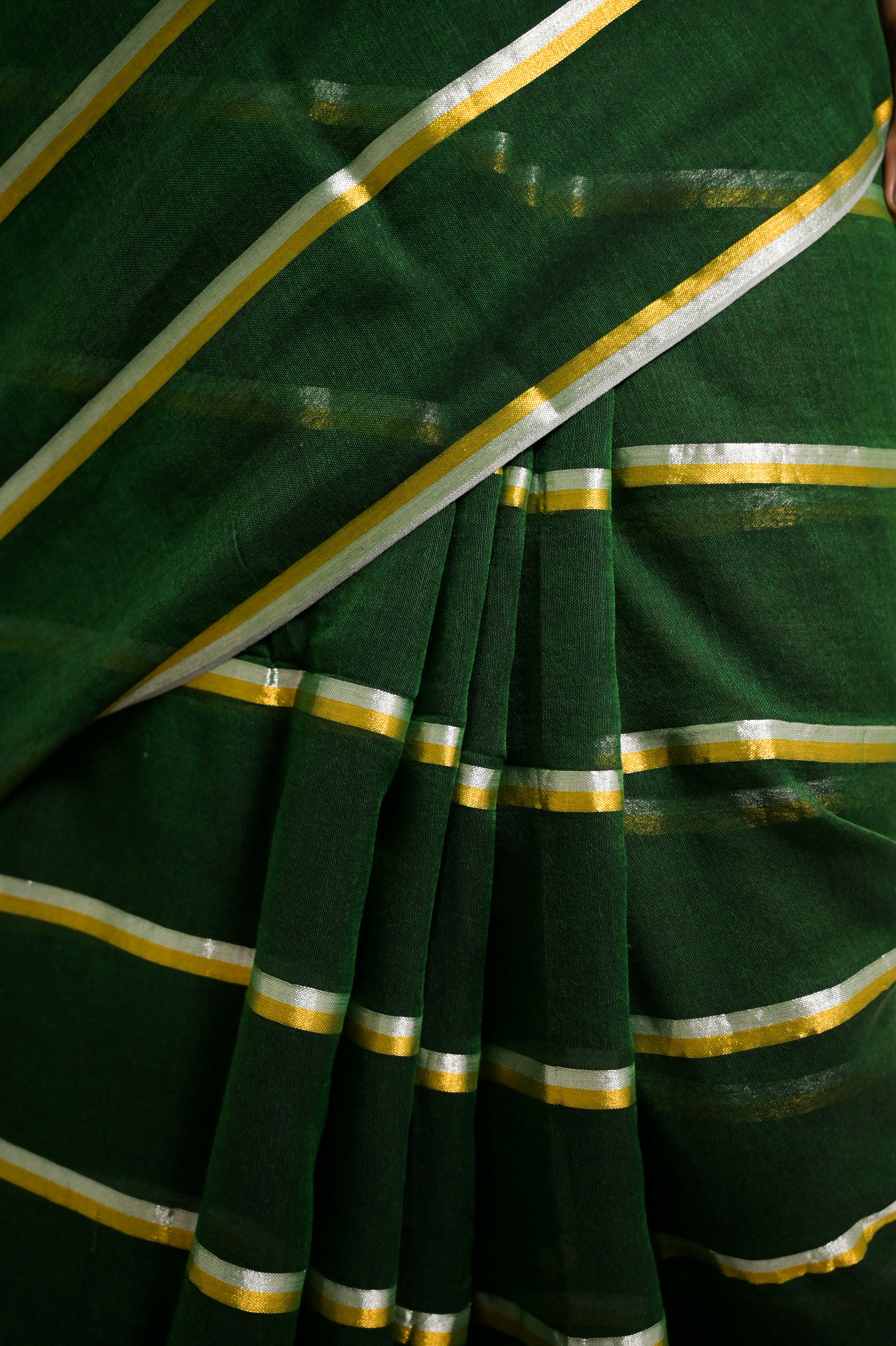 Raagvi Green Handloom Mul Cotton Saree with Zari Stripes