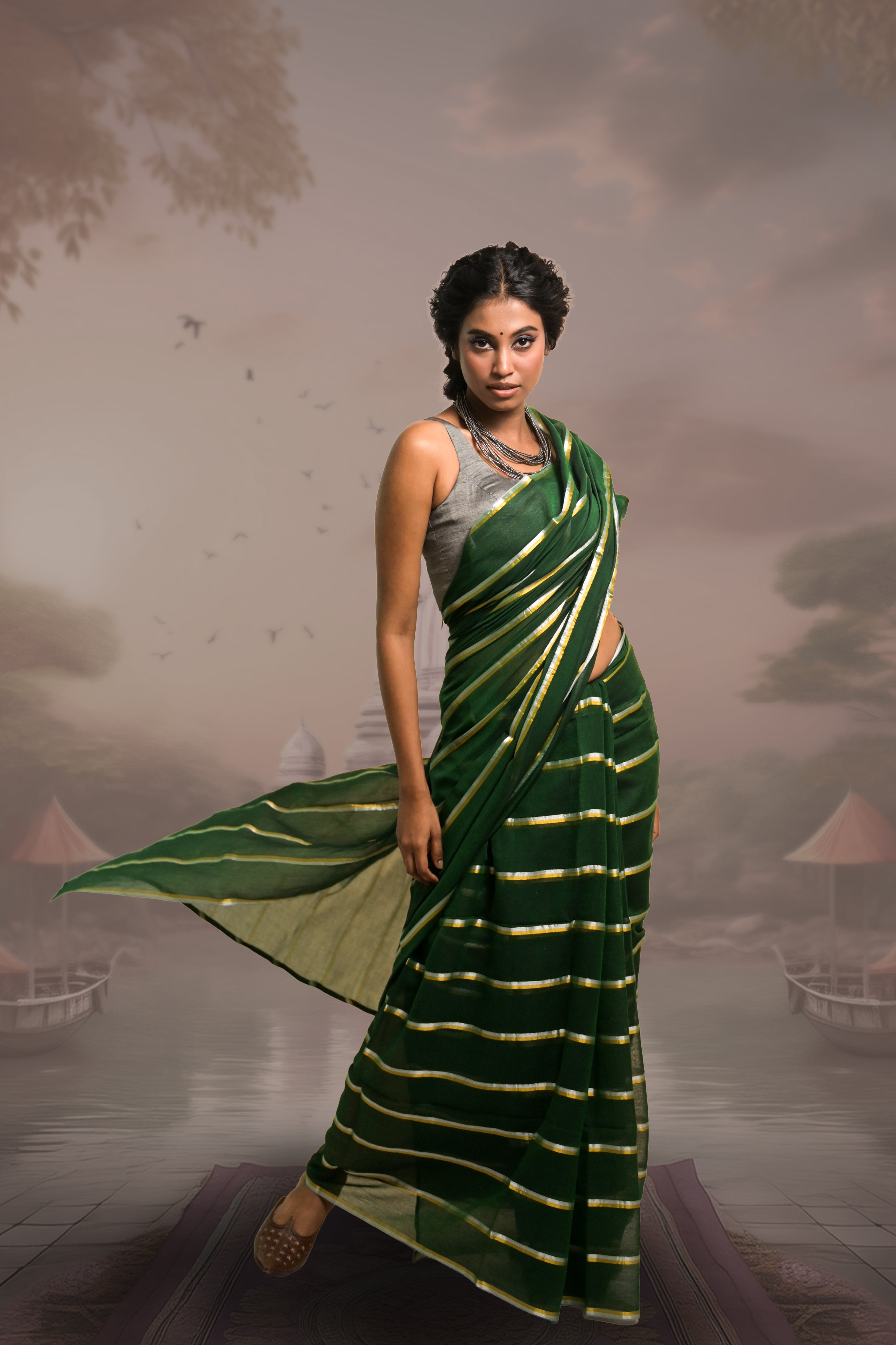 Raagvi Green Handloom Mul Cotton Saree with Zari Stripes