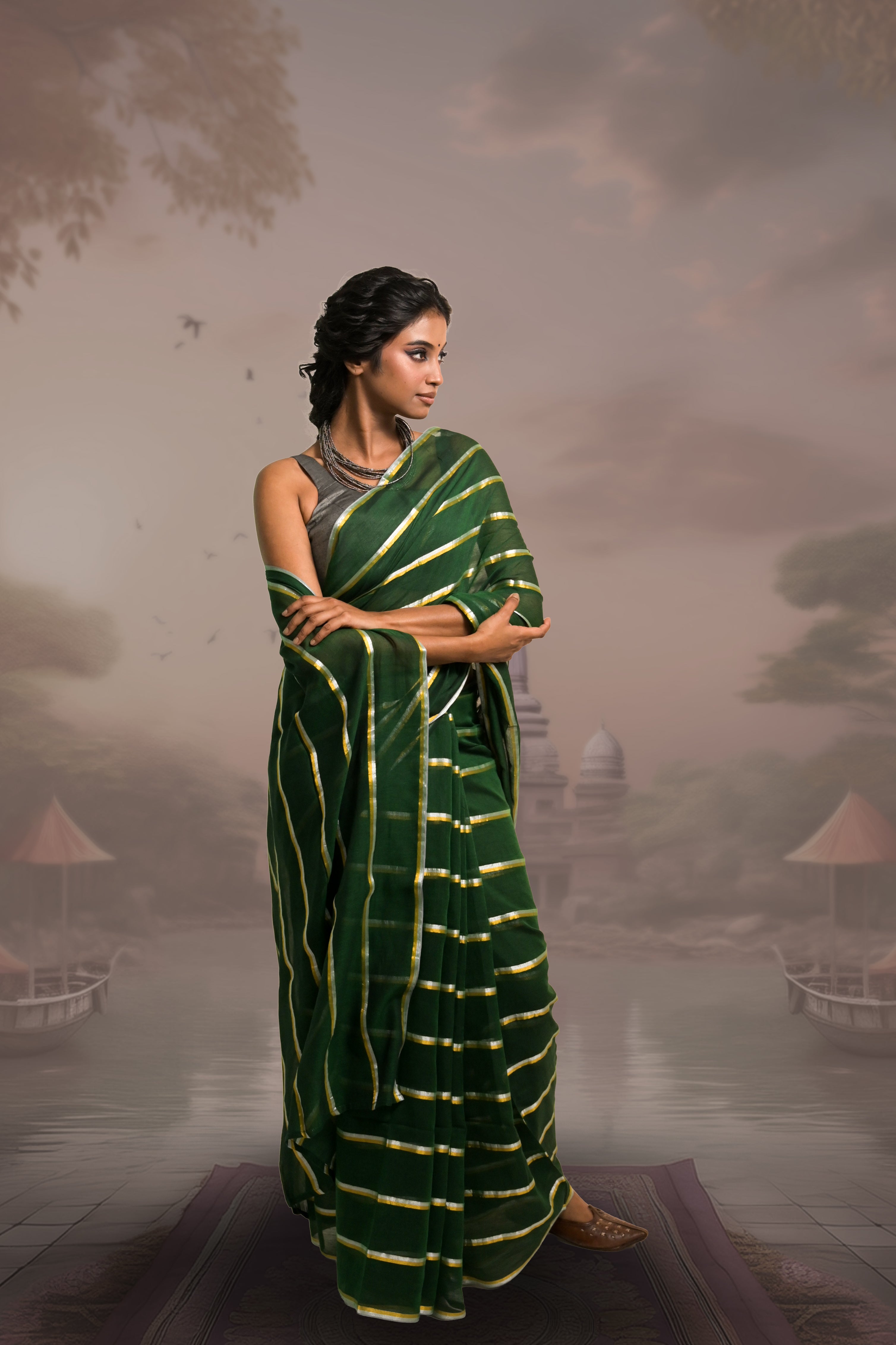 Raagvi Green Handloom Mul Cotton Saree with Zari Stripes