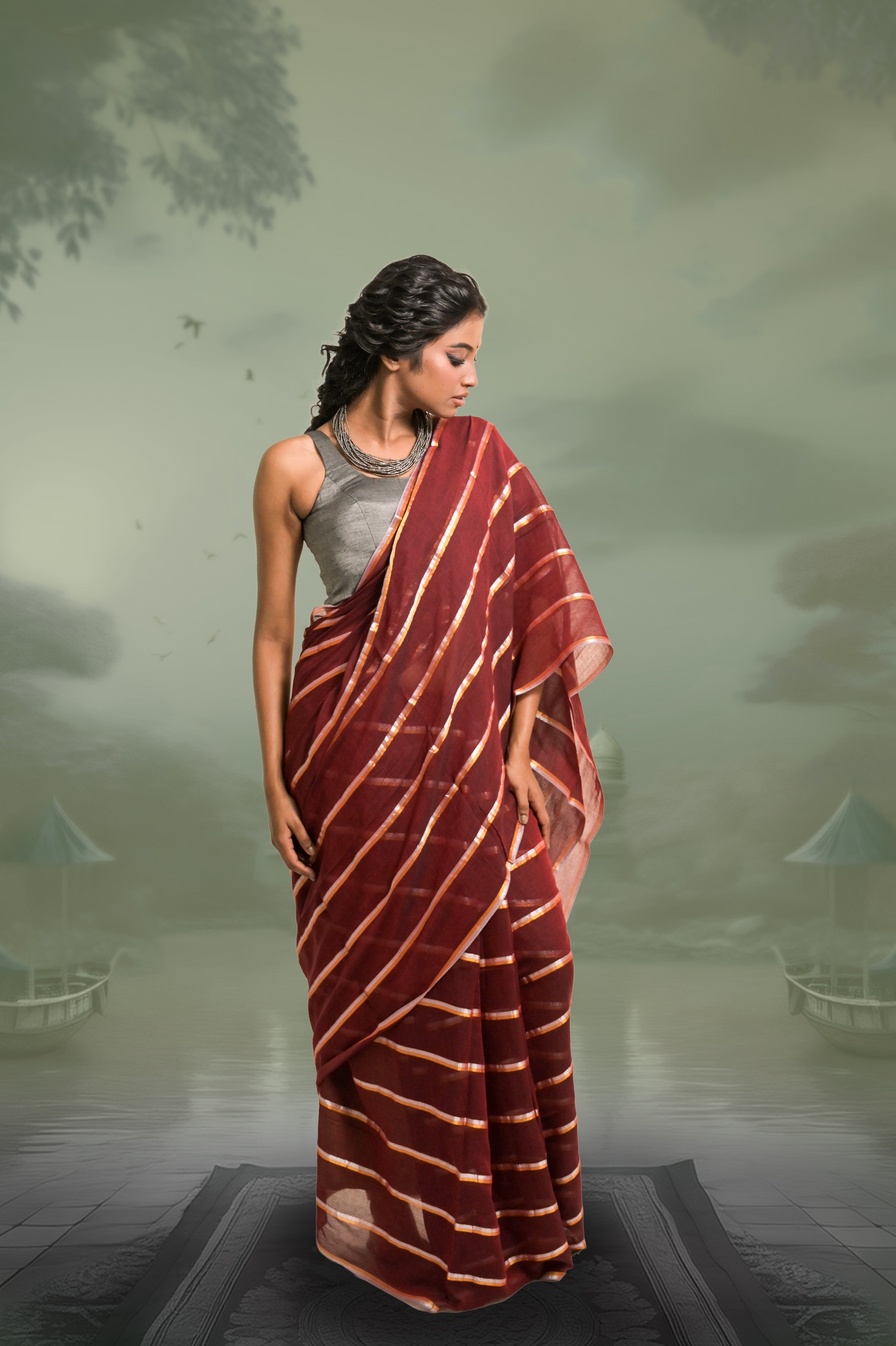 Ravira Maroon Handloom Mul Cotton Saree with Zari Stripes