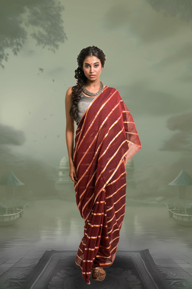 Ravira Maroon Handloom Mul Cotton Saree with Zari Stripes