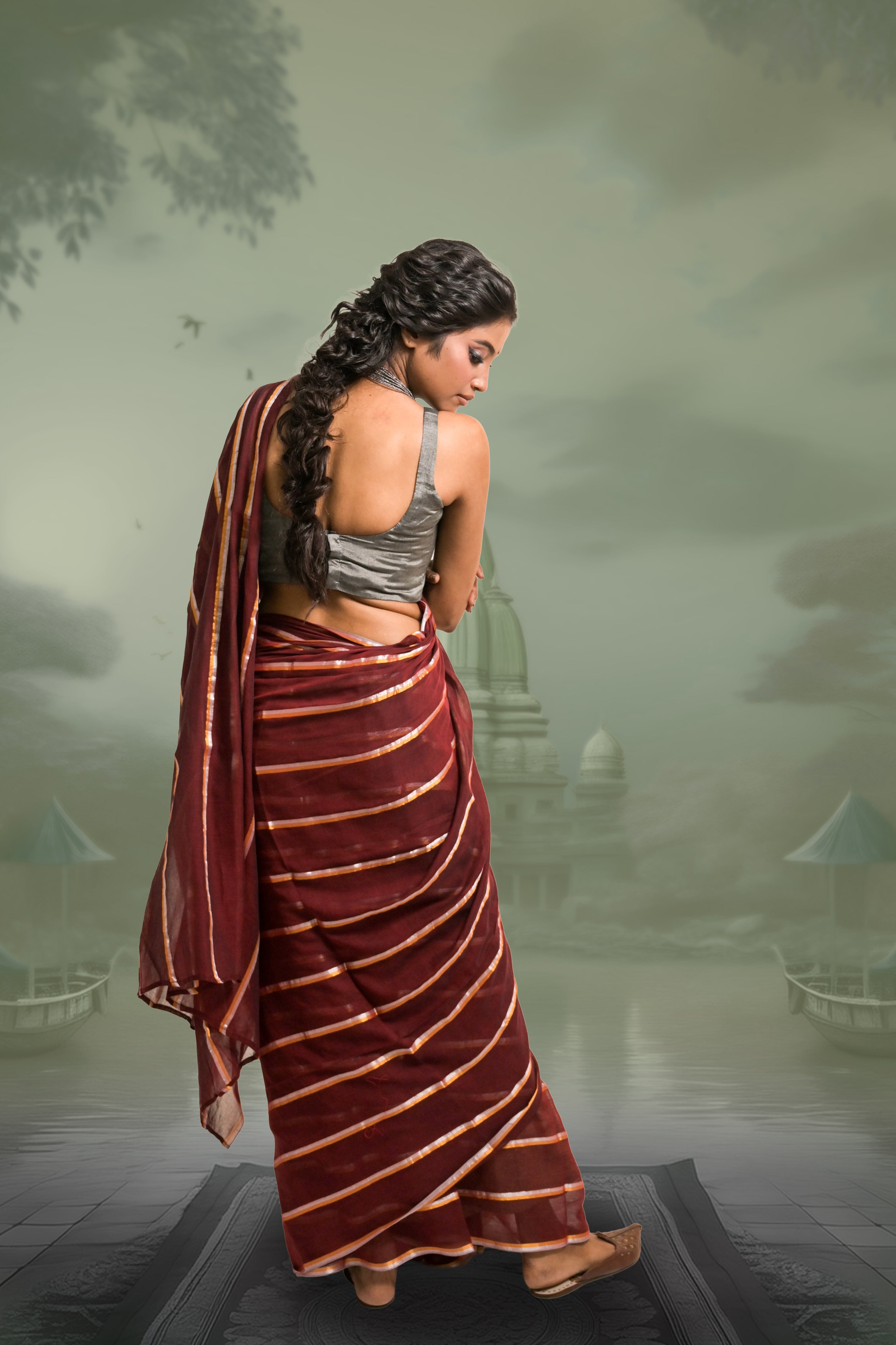 Ravira Maroon Handloom Mul Cotton Saree with Zari Stripes