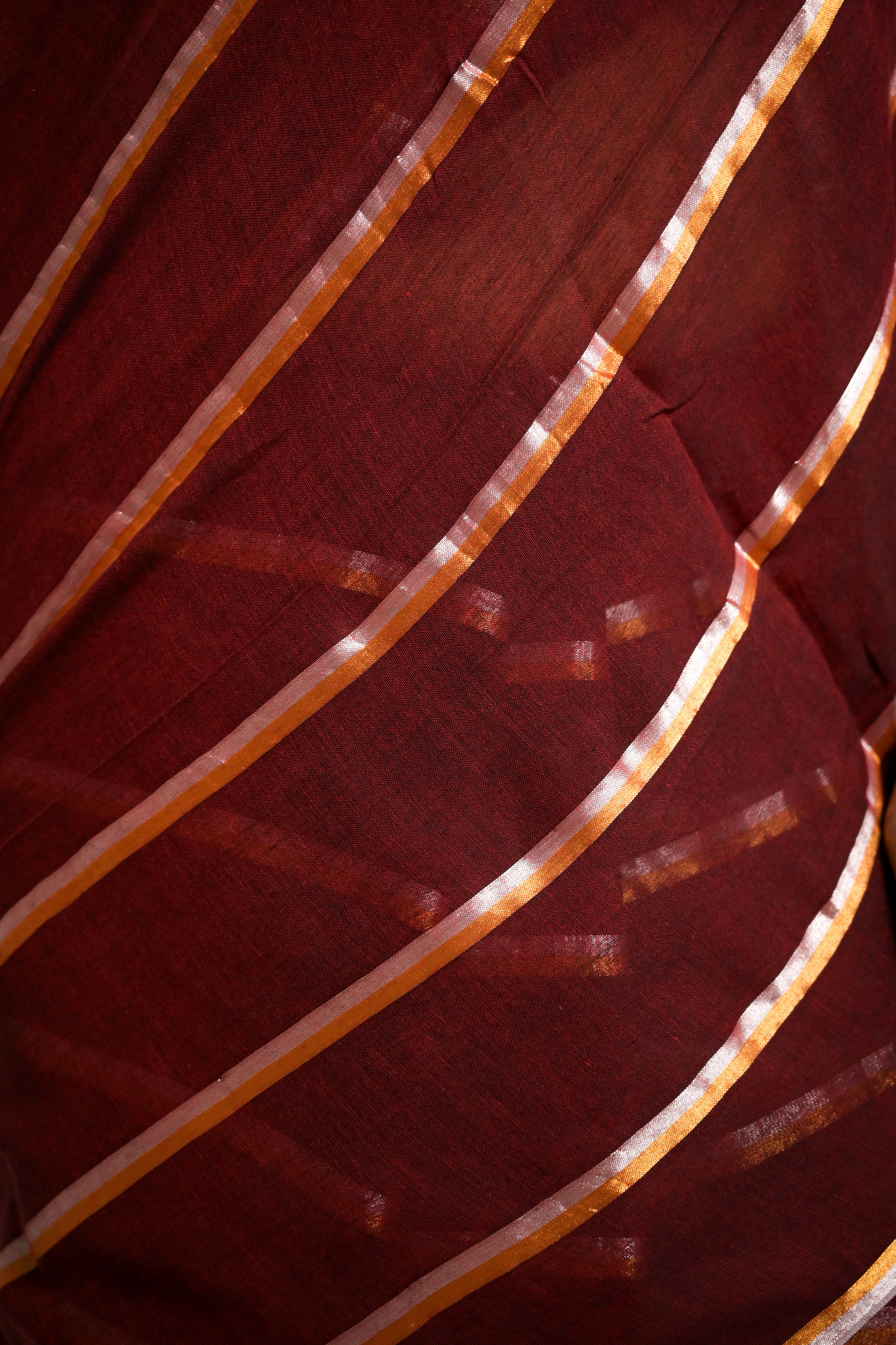 Ravira Maroon Handloom Mul Cotton Saree with Zari Stripes