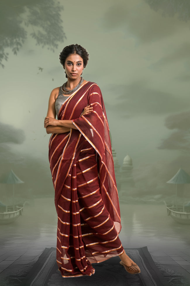 Ravira Maroon Handloom Mul Cotton Saree with Zari Stripes