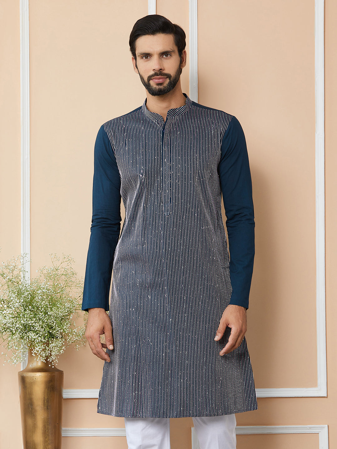 Men Dark Blue Thread & Sequin Worked Pure Cotton Straight Kurta