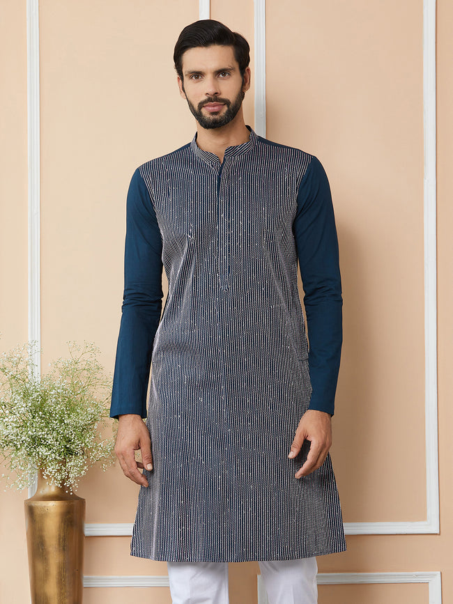 Men Dark Blue Thread & Sequin Worked Pure Cotton Straight Kurta